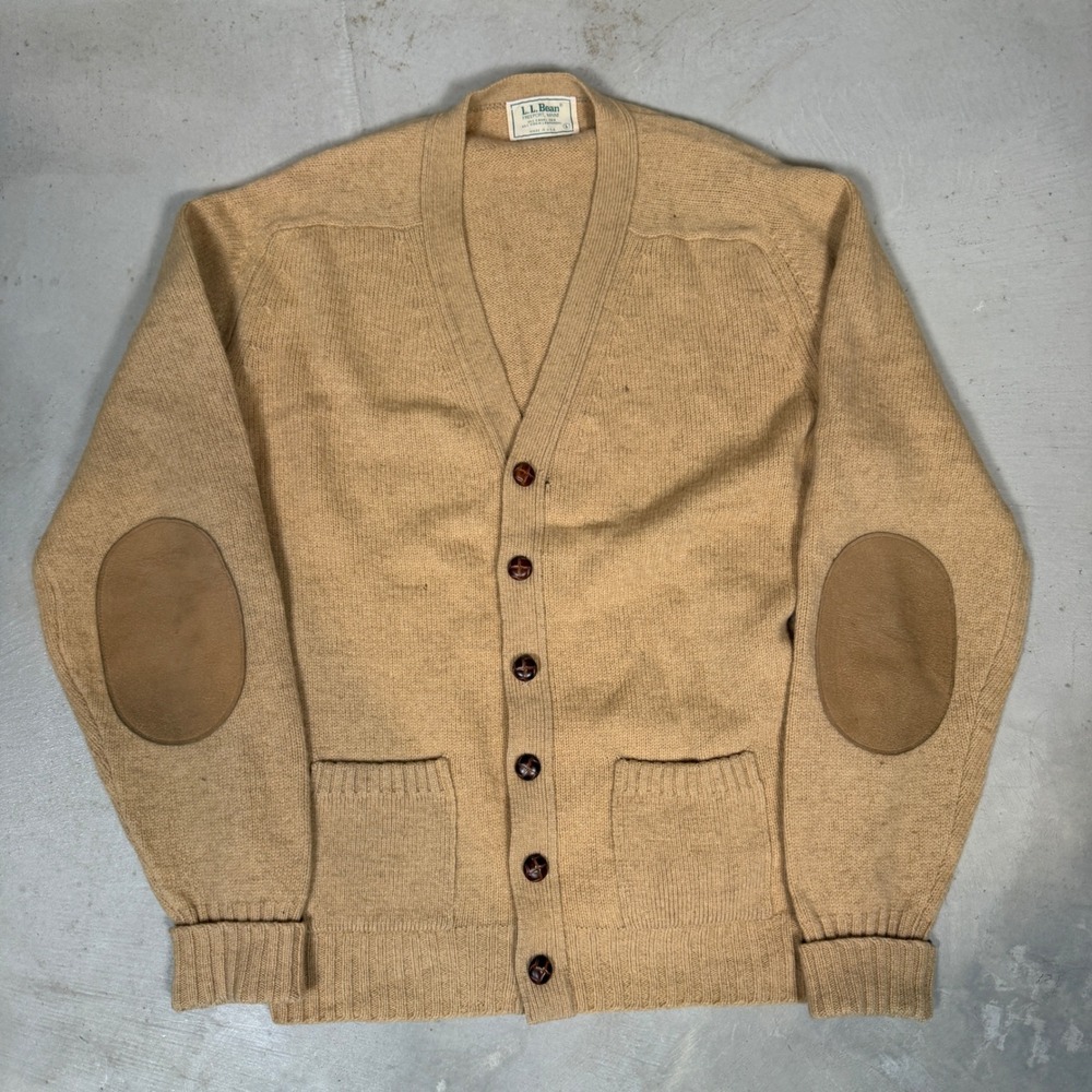 Vintage LL Bean Camel Hair Lambswool Cardigan Suede Elbow Patches Tan Mens L USA